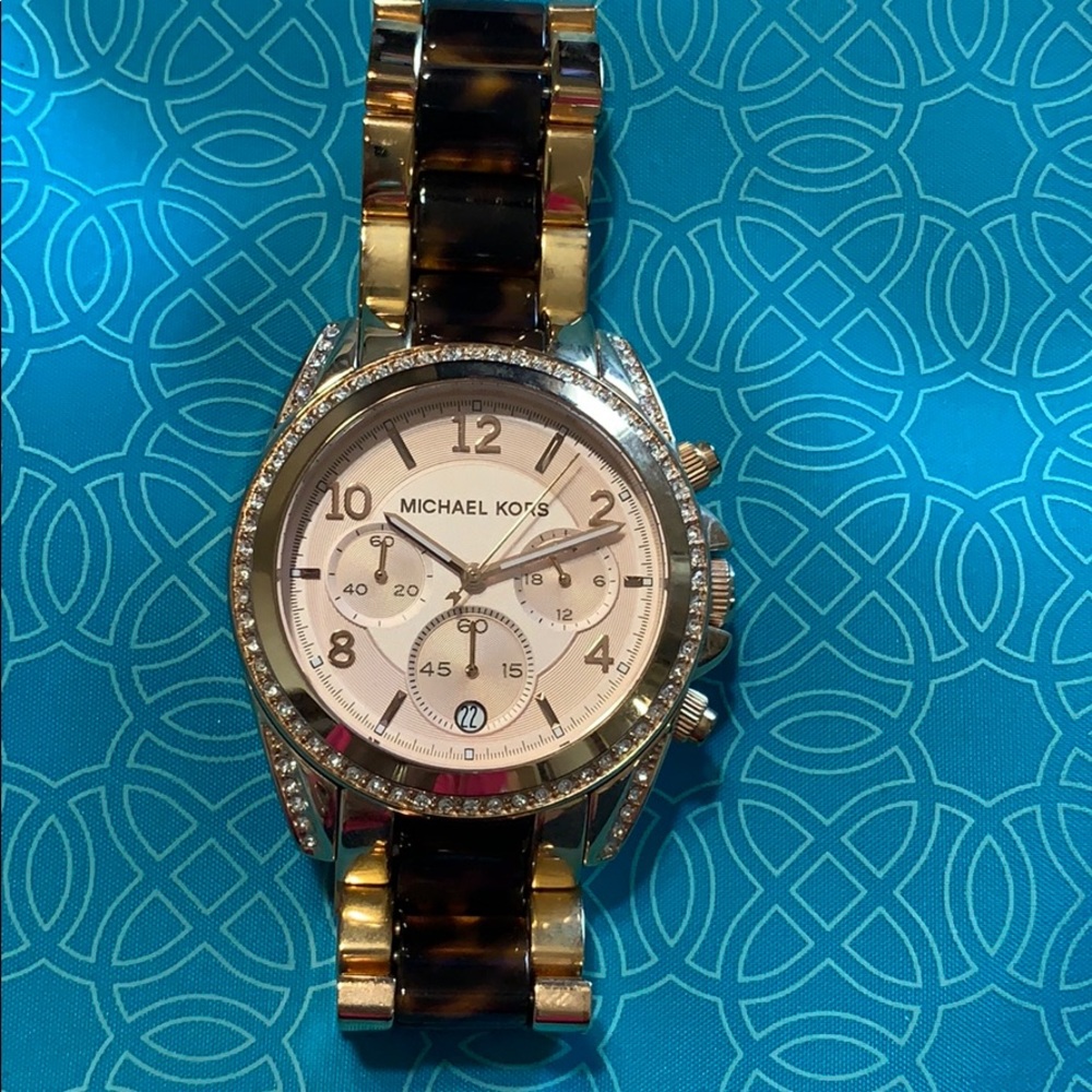 Large gold w/tortoise & CZs Michael Kors watch